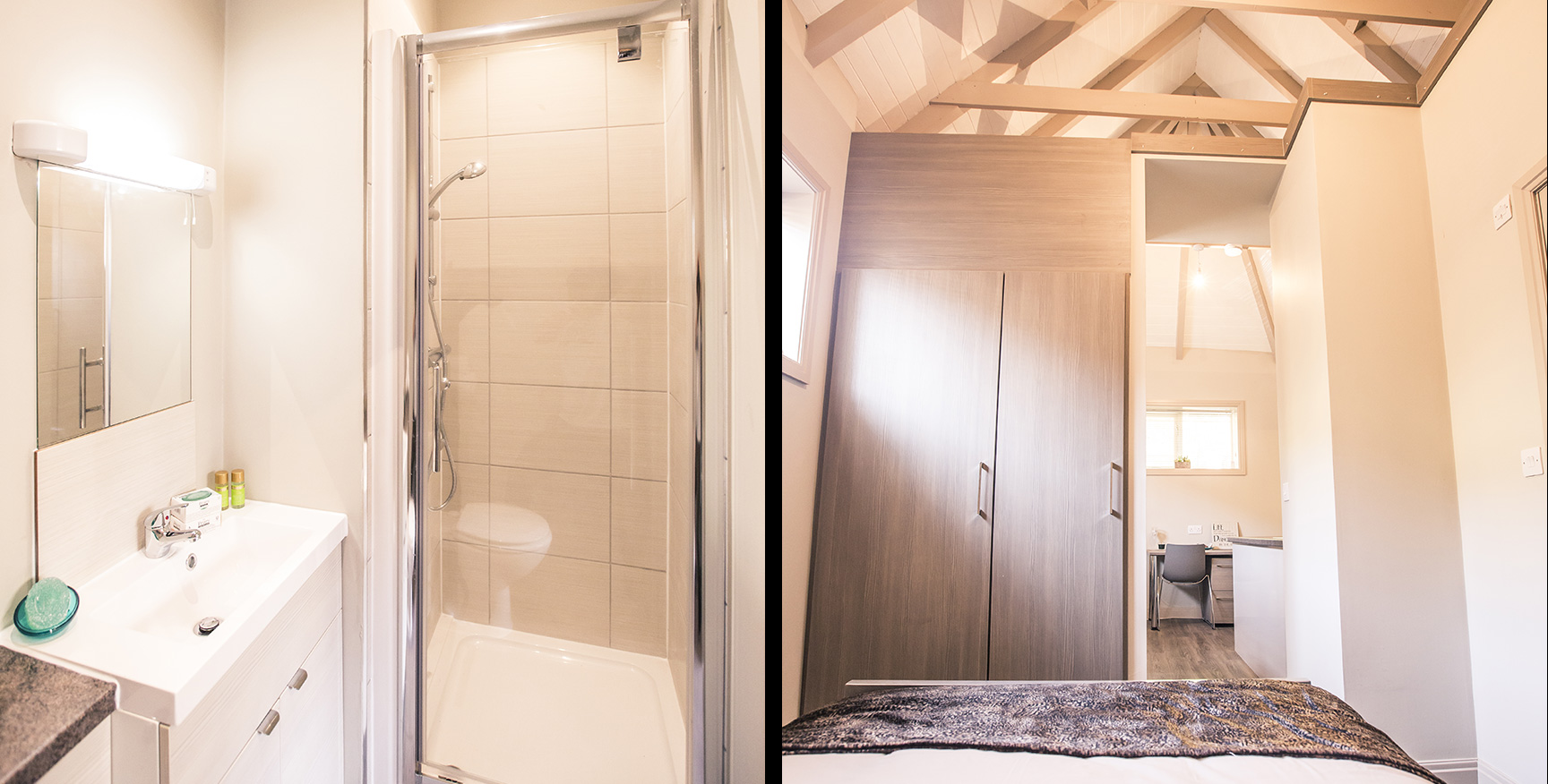Two photos, one of a light white sink and shower, the other of a bed, large cupboard and a vaulted ceiling.
