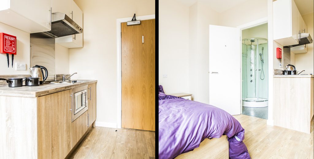 Split view of a kitchen unit and another view of a bedroom with a purple duvet.