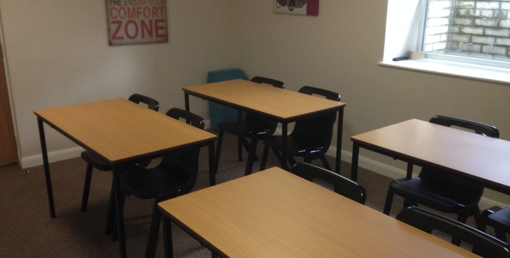 Study area with desks and chairs