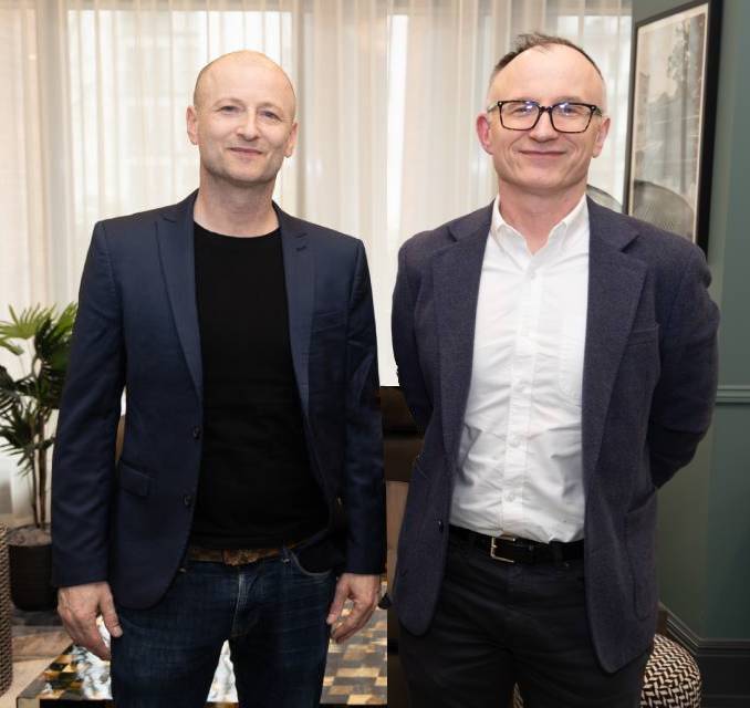 Primo Residential Directors Glenn and Jonathan Forshaw stood in Silkbank Wharfs reception area.