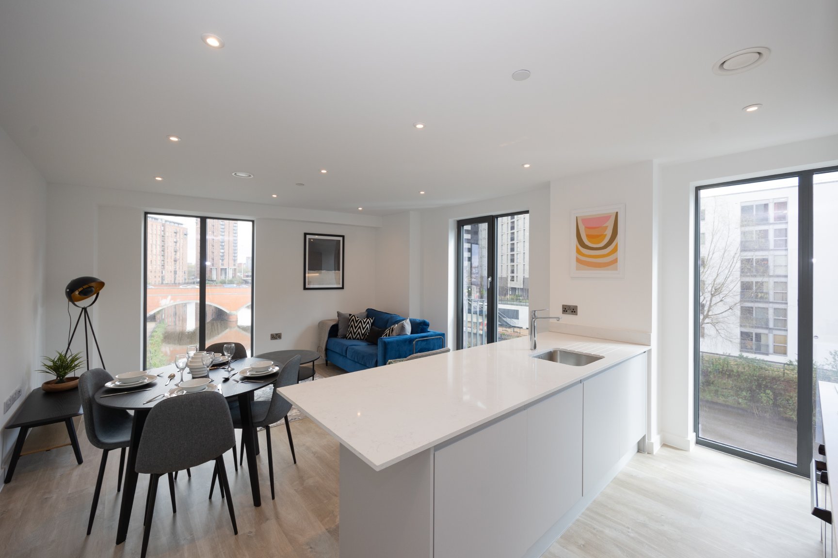 Silkbank wharf apartment with a corner position and two windows looking out over the river Irwell.