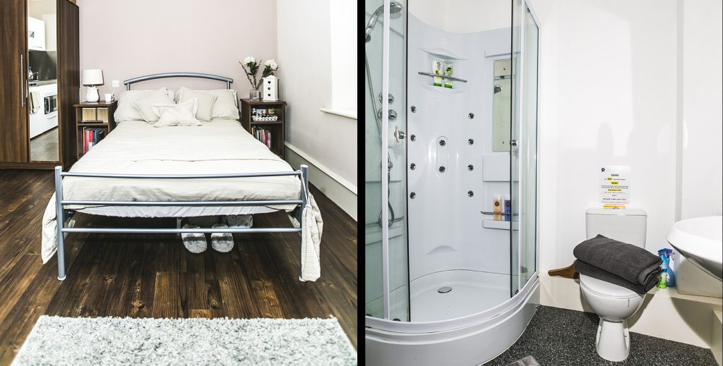 Split view of a bedroom with a wooden floor and a bathroom with a power shower.