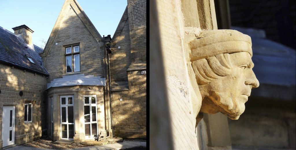 View of period building with Georgian style windows and another image of a stone head projecting from the wall.