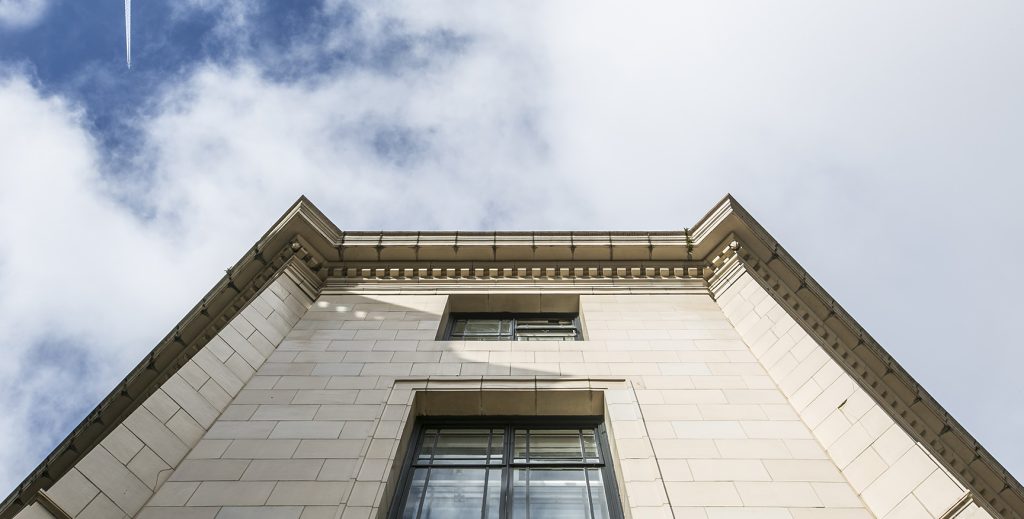 Exterior view looking up at the The Bank