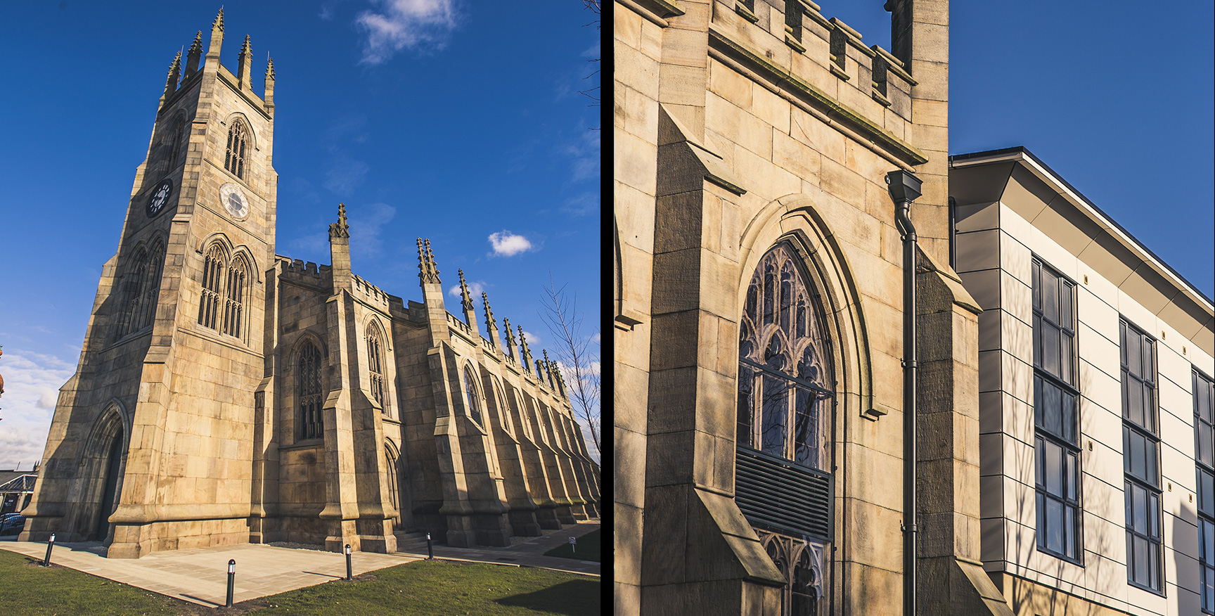 Split view of church tower and arched church windows.